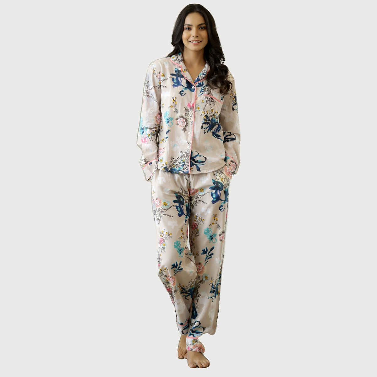 Sanskrutihomes Women Beige & Red Printed Cotton Night Suit SE-NSP-85 | XL