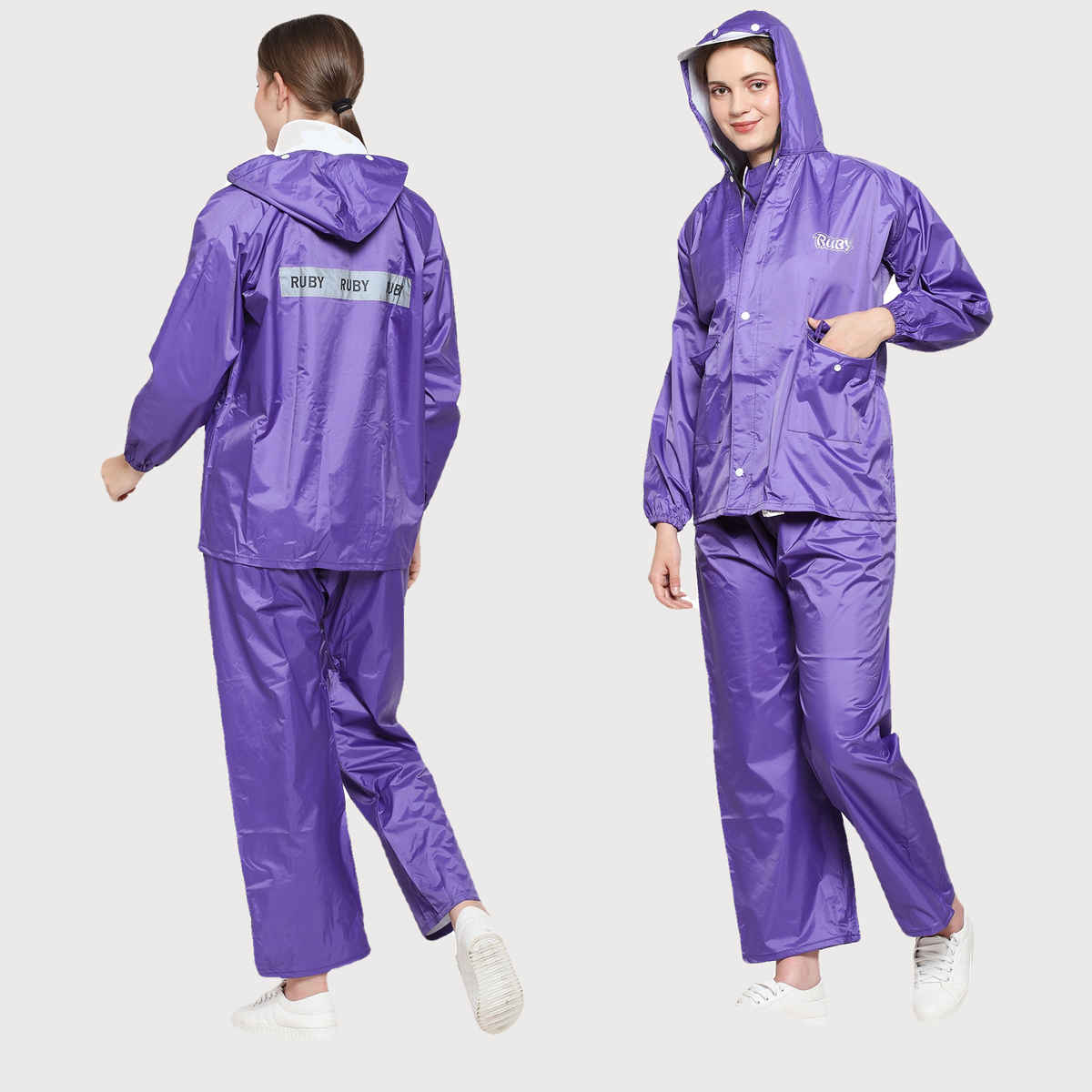 Fendo Ruby Women's Waterproof Raincoat Set with Hood & Carry Pouch | Purple | L