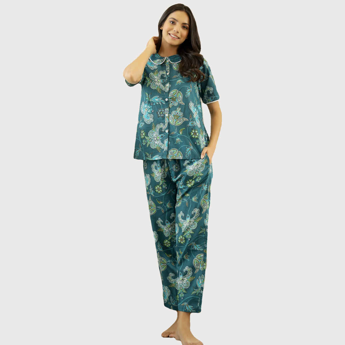 Sanskrutihomes Women Green Printed Cotton Night Suit SE-NSP-98 | XL