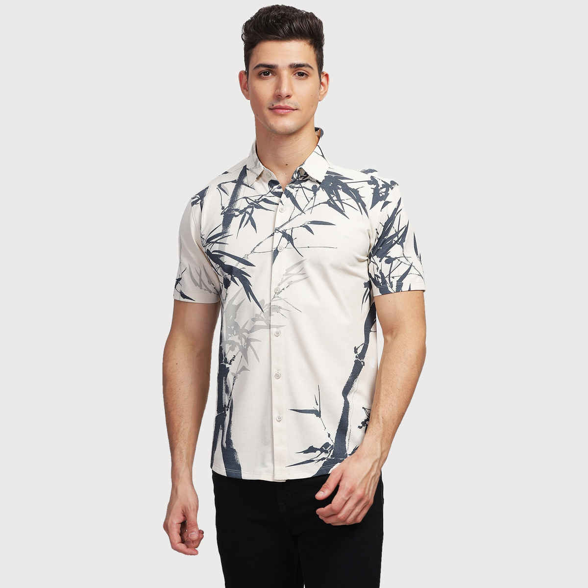 Bullmer Men's Trendy Regular Fit Printed Causal Shirt | Cream - XL