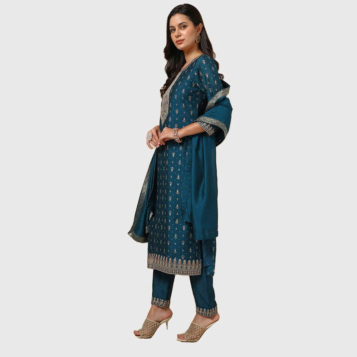 Soch Women's Teal Viscose Blend Foil Print Suit Set With Thread Work M