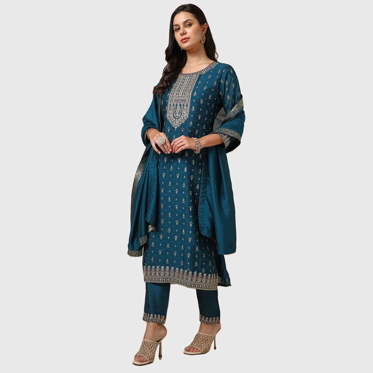 Soch Women's Teal Viscose Blend Foil Print Suit Set With Thread Work M