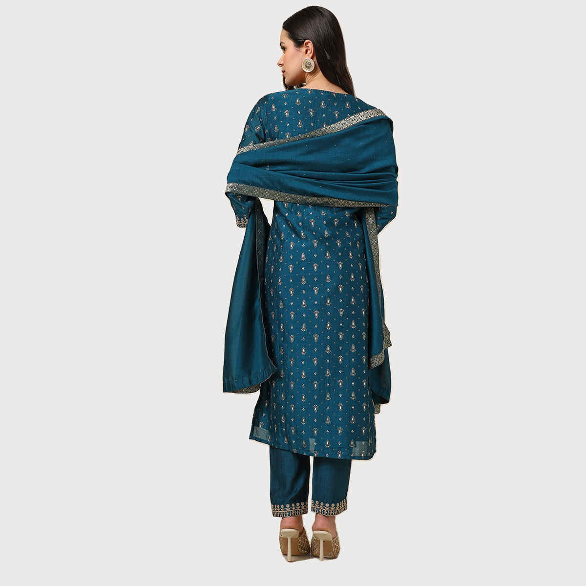 Soch Women's Teal Viscose Blend Foil Print Suit Set With Thread Work M