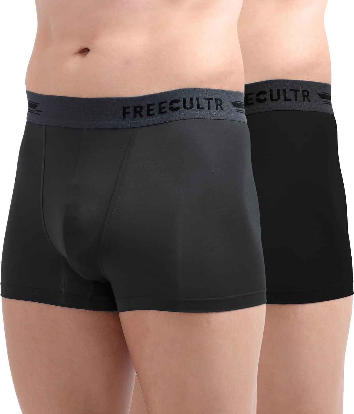 FREECULTR Men's Anti Bacterial Micromodal Airsoft Trunk- Sweat Proof, PO2 ,Ash Grey/Pot Black-S