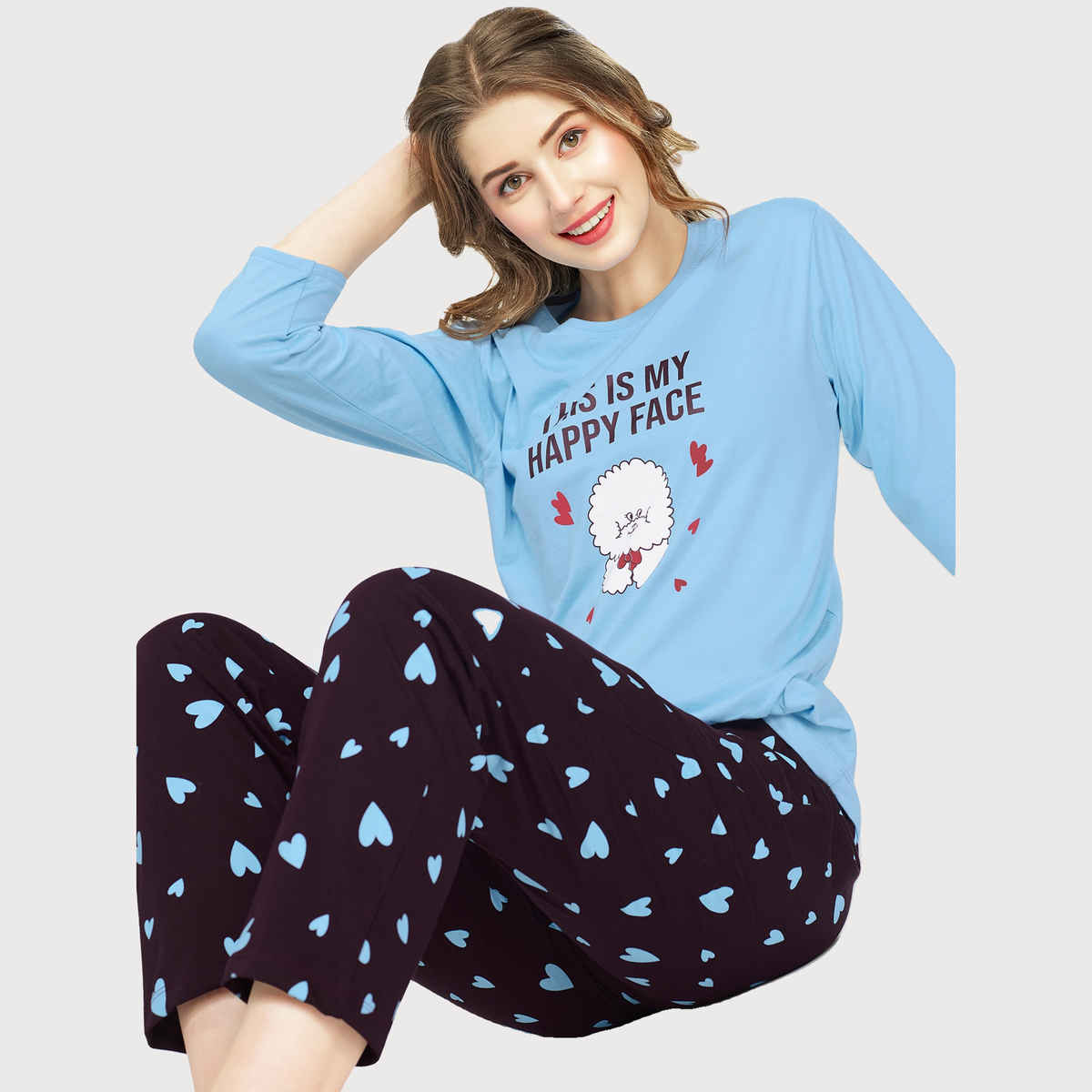 Zeyo Night Suit for Women Blue Heart Printed Cotton Night Dress of Top & Pajama Set 5783-BE- XL