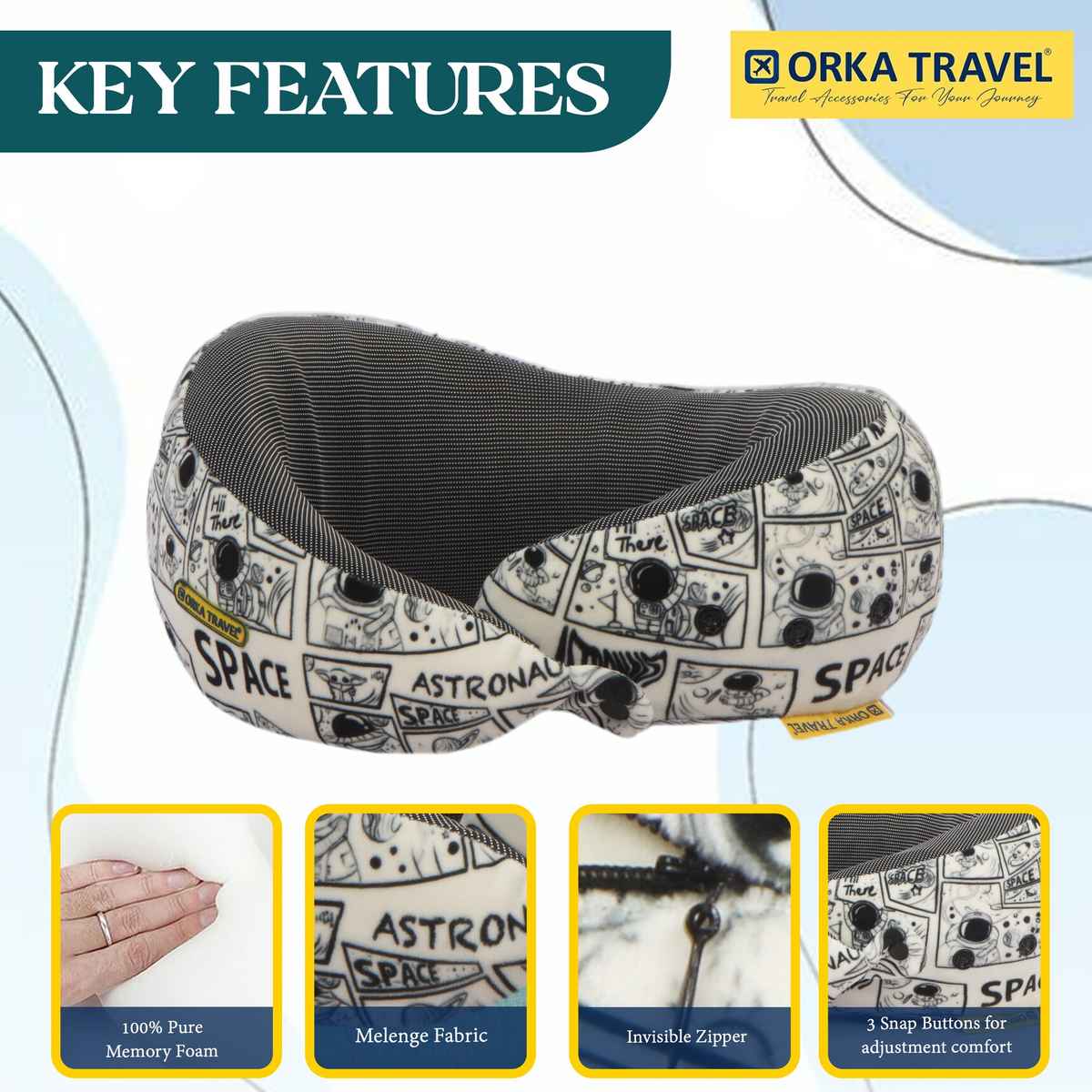 ORKA Unisex Printed Melange Neck Pillow | Black, Grey - Free Size