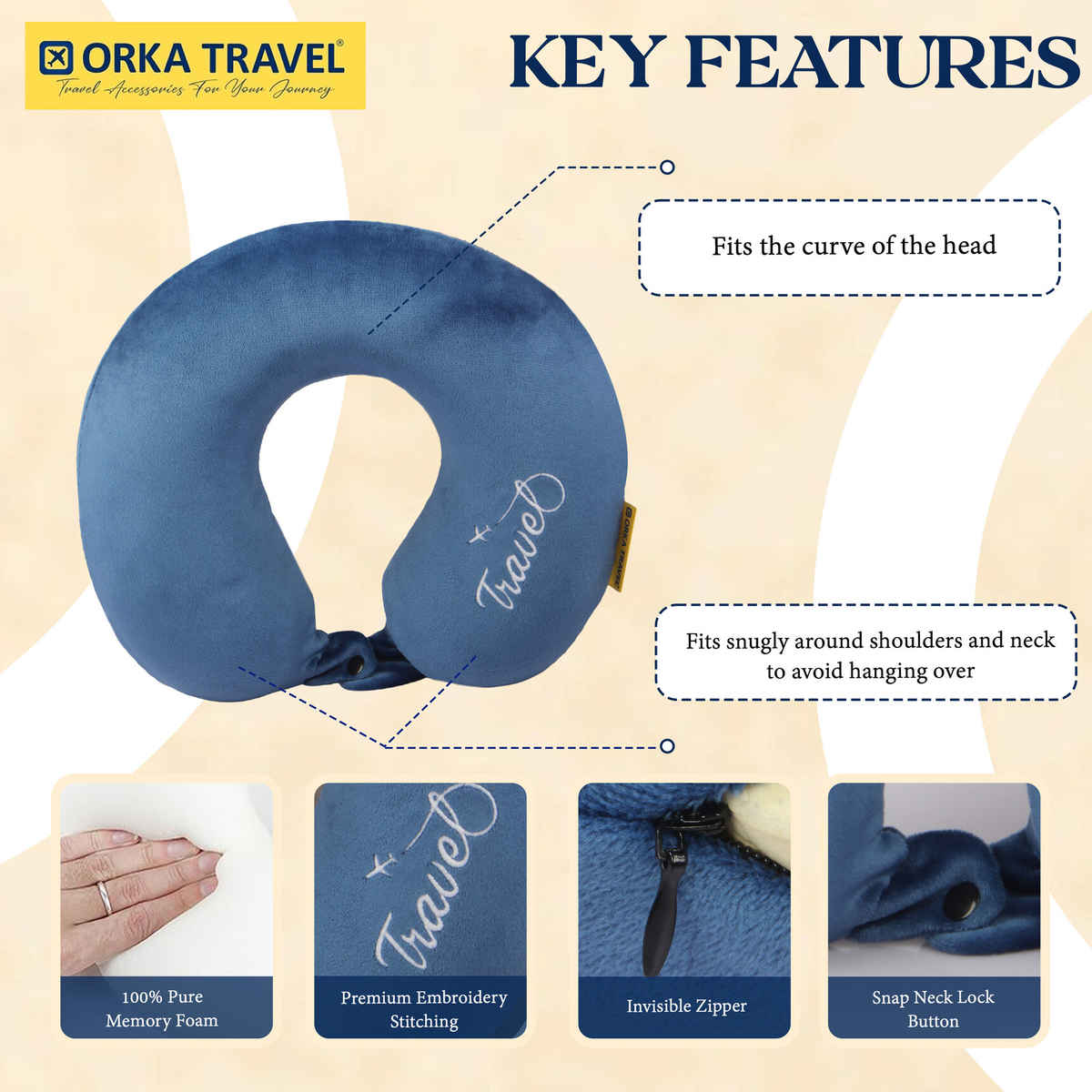 ORKA Unisex Solid Embroidery Supersoft Neck Pillow | Blue - M