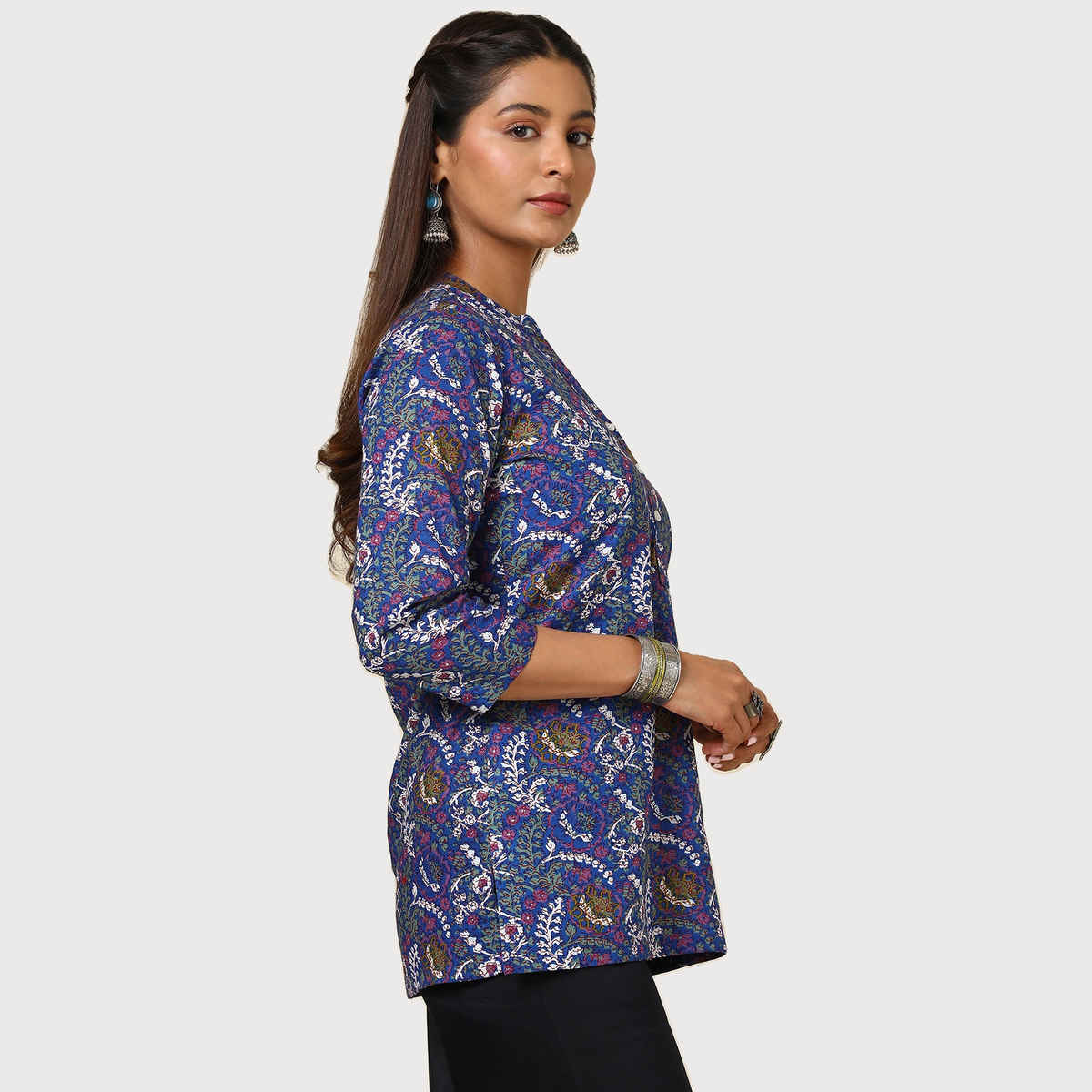 Soch Women's Blue Cotton Blend Floral Print Tunic | S