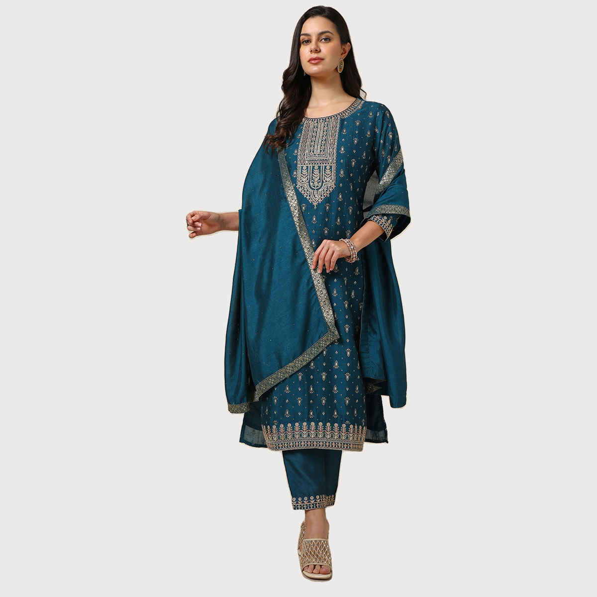 Soch Women's Teal Viscose Blend Foil Print Suit Set With Thread Work M