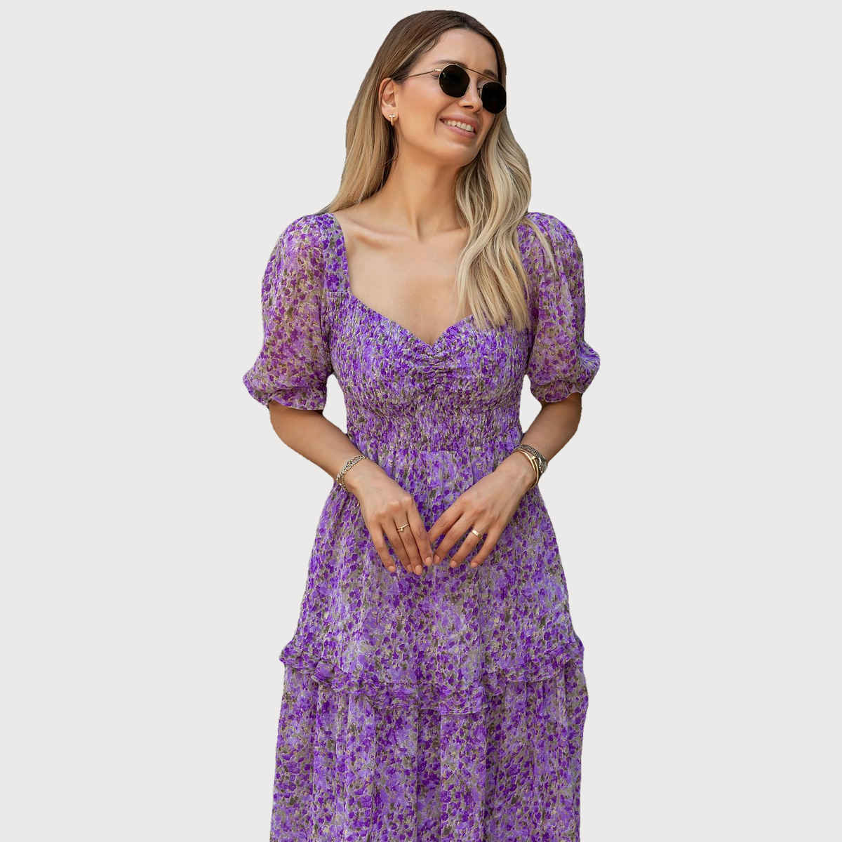 Sheetal Women's Floral Print Georgette Tiered Maxi Dress | DR11266 | Purple - S