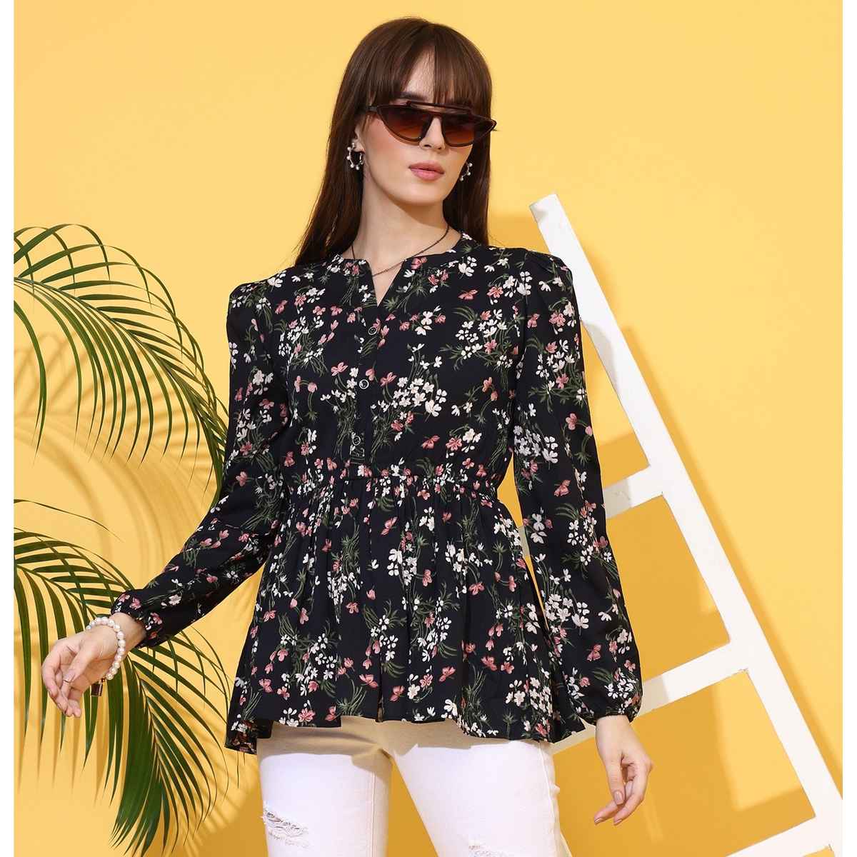 Sheetal Women's Floral Printed Mandarin Collar Top | 5201 | Black - XL