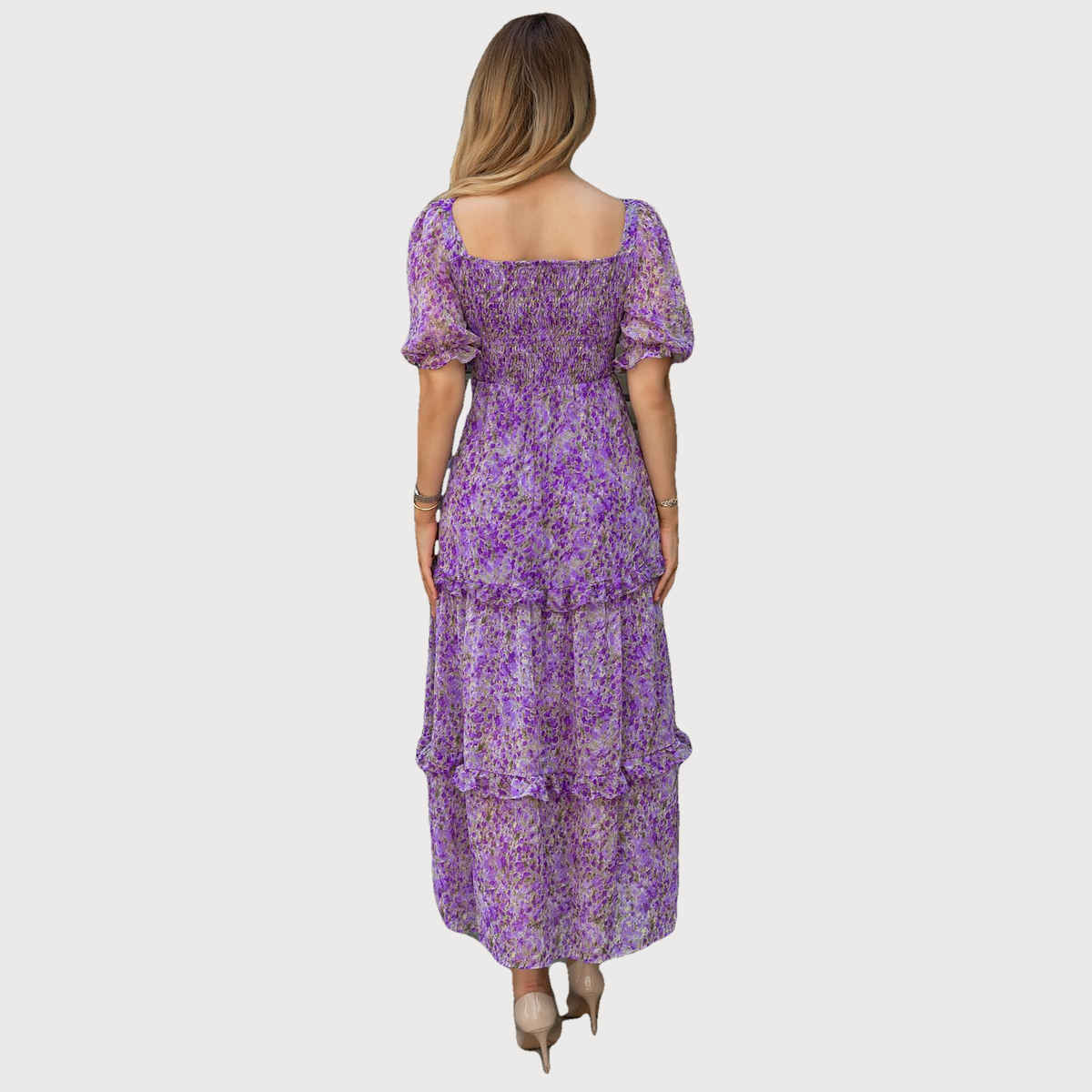 Sheetal Women's Floral Print Georgette Tiered Maxi Dress | DR11266 | Purple - S