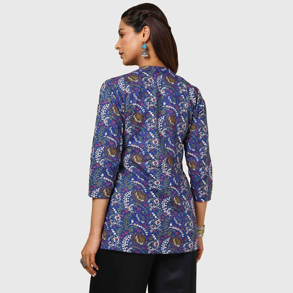Soch Women's Blue Cotton Blend Floral Print Tunic | S