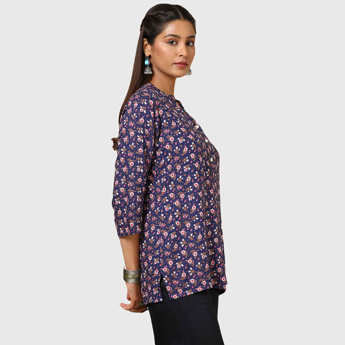 Soch Women's Navy Blue Rayon Floral Print Tunic | S