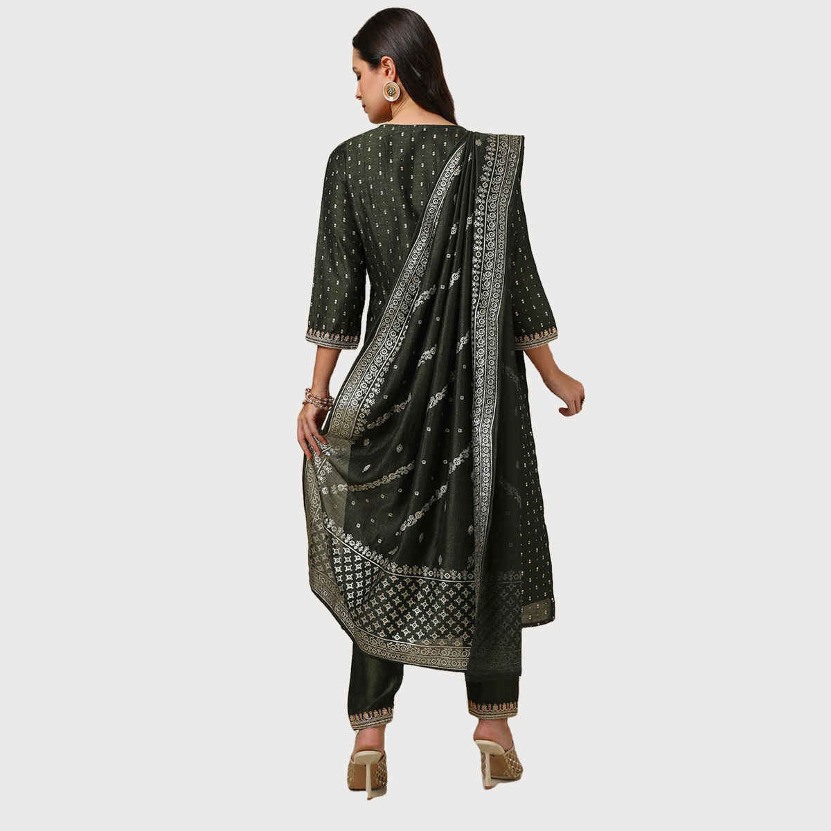 Soch Women's Olive Foil Print Suit Set With Thread Work S