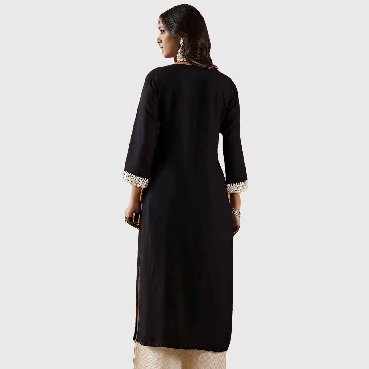 Indo Era Women's Viscose Rayon Floral Embroidered Straight Kurta | KT5BK10014 | Black - S