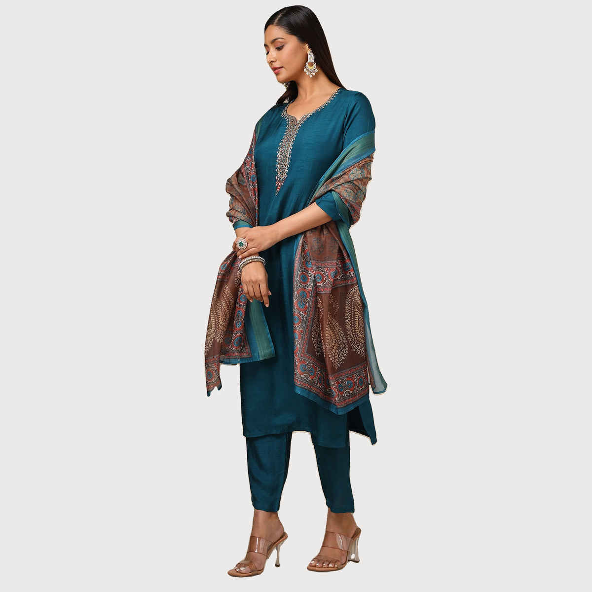 Soch Women's Teal Viscose Blend Embellished Suit Set With Beads And Stones M