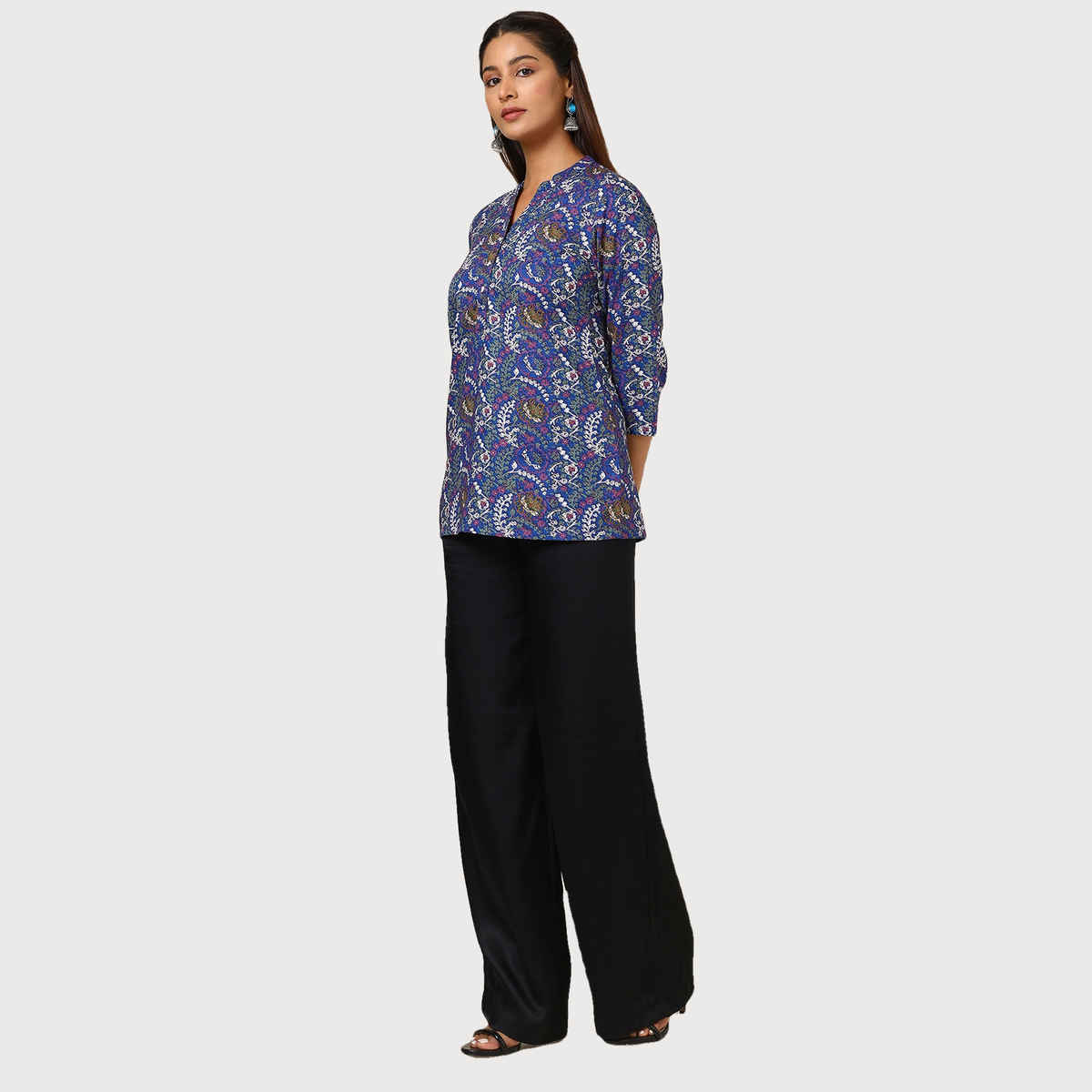 Soch Women's Blue Cotton Blend Floral Print Tunic | M