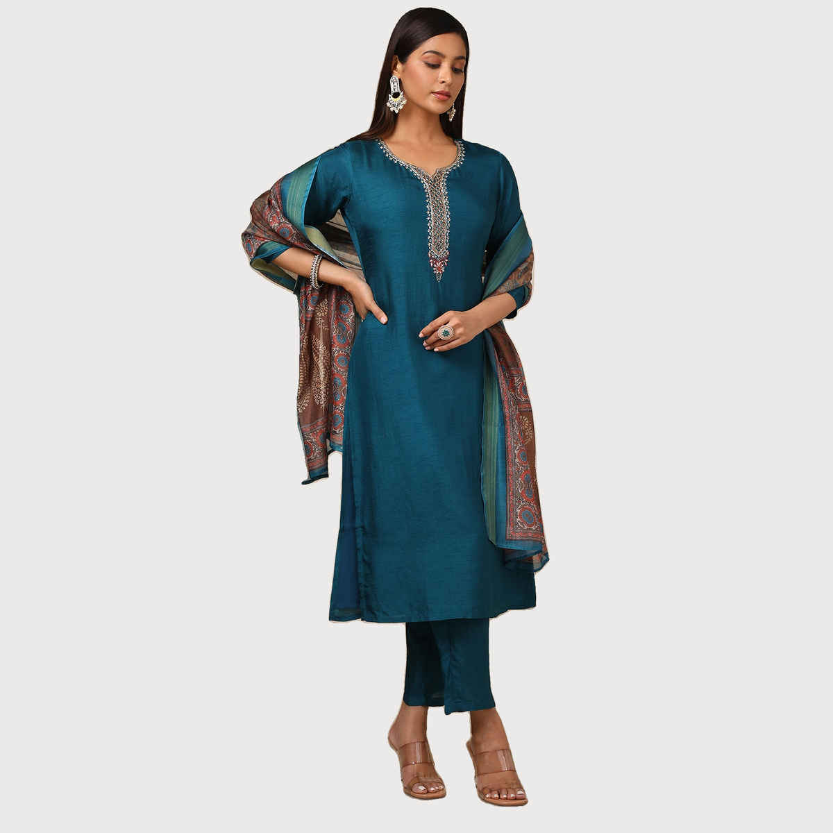 Soch Women's Teal Viscose Blend Embellished Suit Set With Beads And Stones M