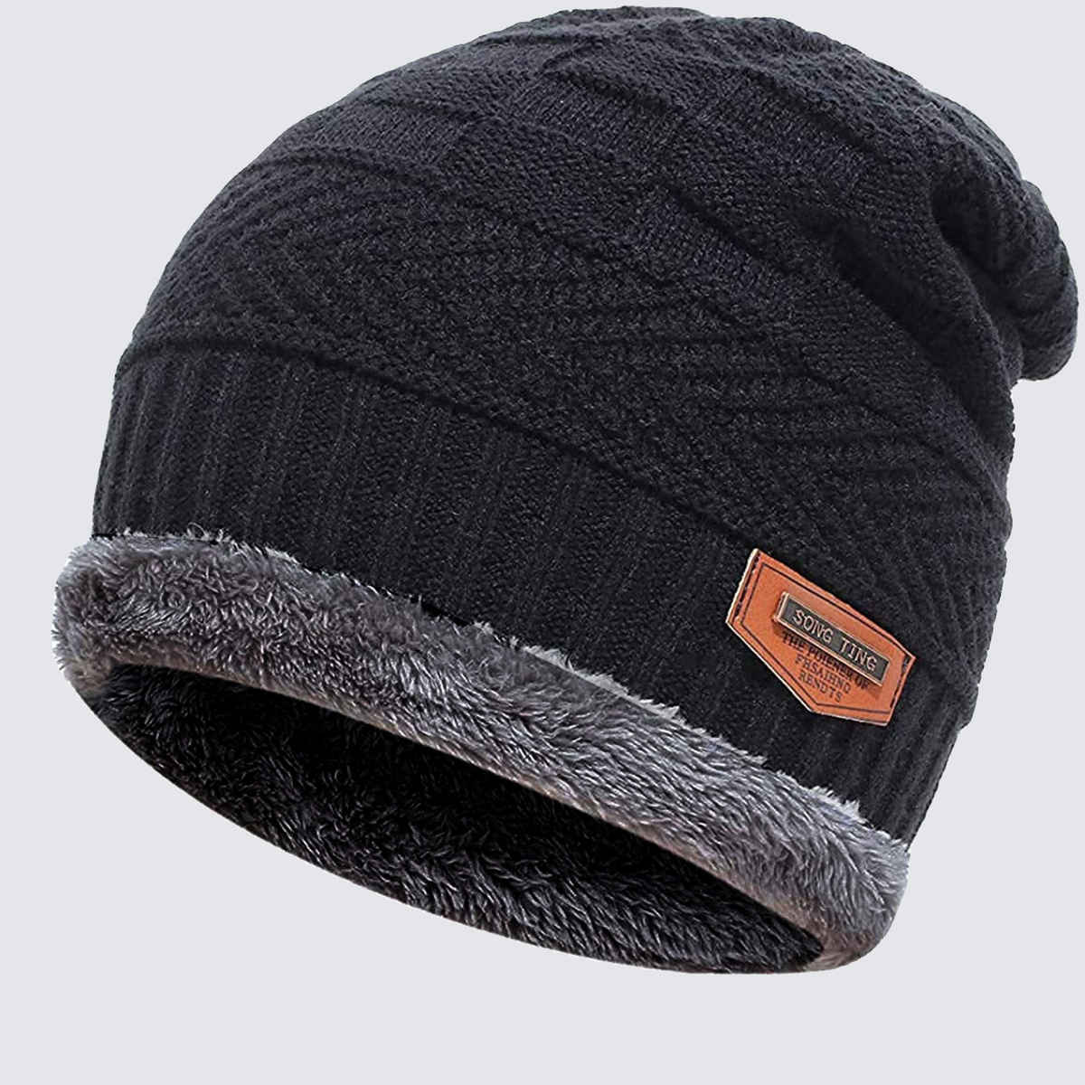 Infispace Winter Woolen Unisex Fur Fleece Lined Beanie Knitted Cap with Neck Warmer | Black