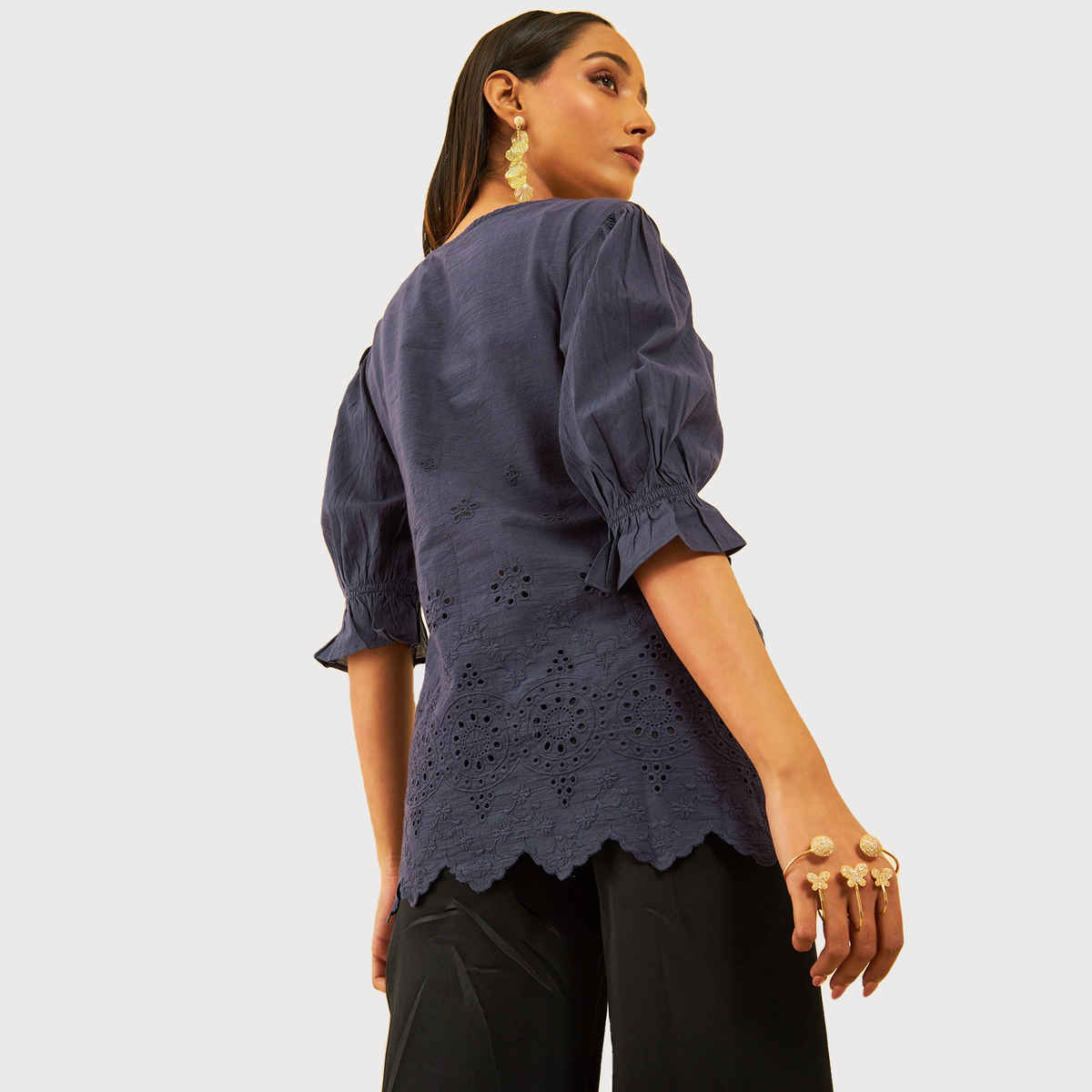 Soch Women's Blue Cotton Schiffli Tunic With Thread Work L