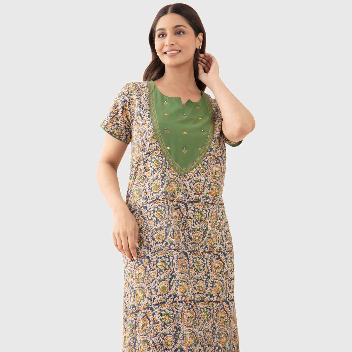 Maybell Women's Cotton Floral Printed Nighty | Green - XXL