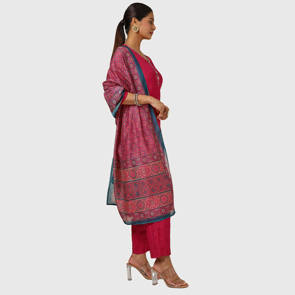 Soch Women's Fuchsia Viscose Blend Embellished Suit Set With Mirror Work L