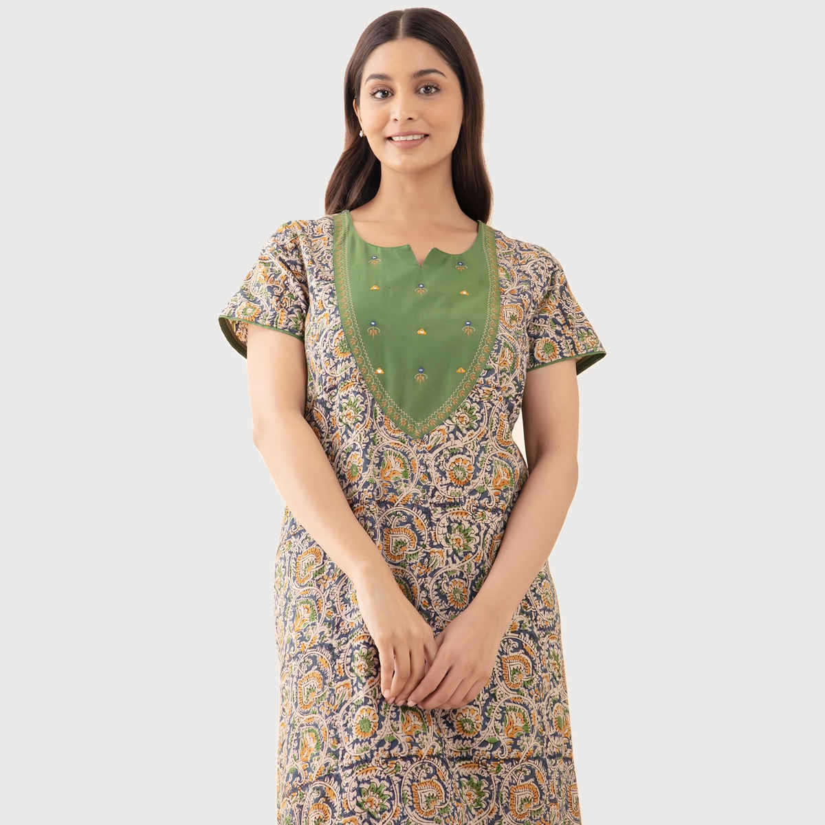 Maybell Women's Cotton Floral Printed Nighty | Green - XXL