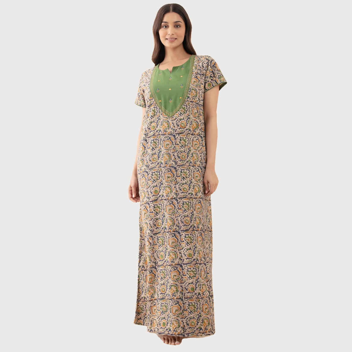 Maybell Women's Cotton Floral Printed Nighty | Green - XXL