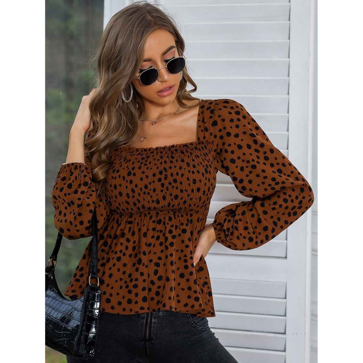 Sheetal Women's Animal Printed Square Neck Top | 5108 | Brown - M