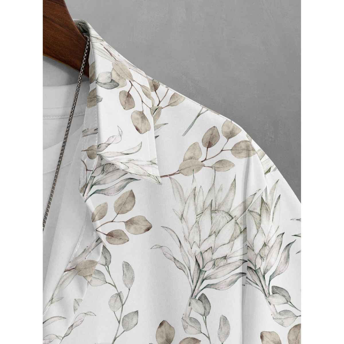 Bullmer Men's Trendy Regular Fit White Leaf Printed Causal Shirt | White - XL
