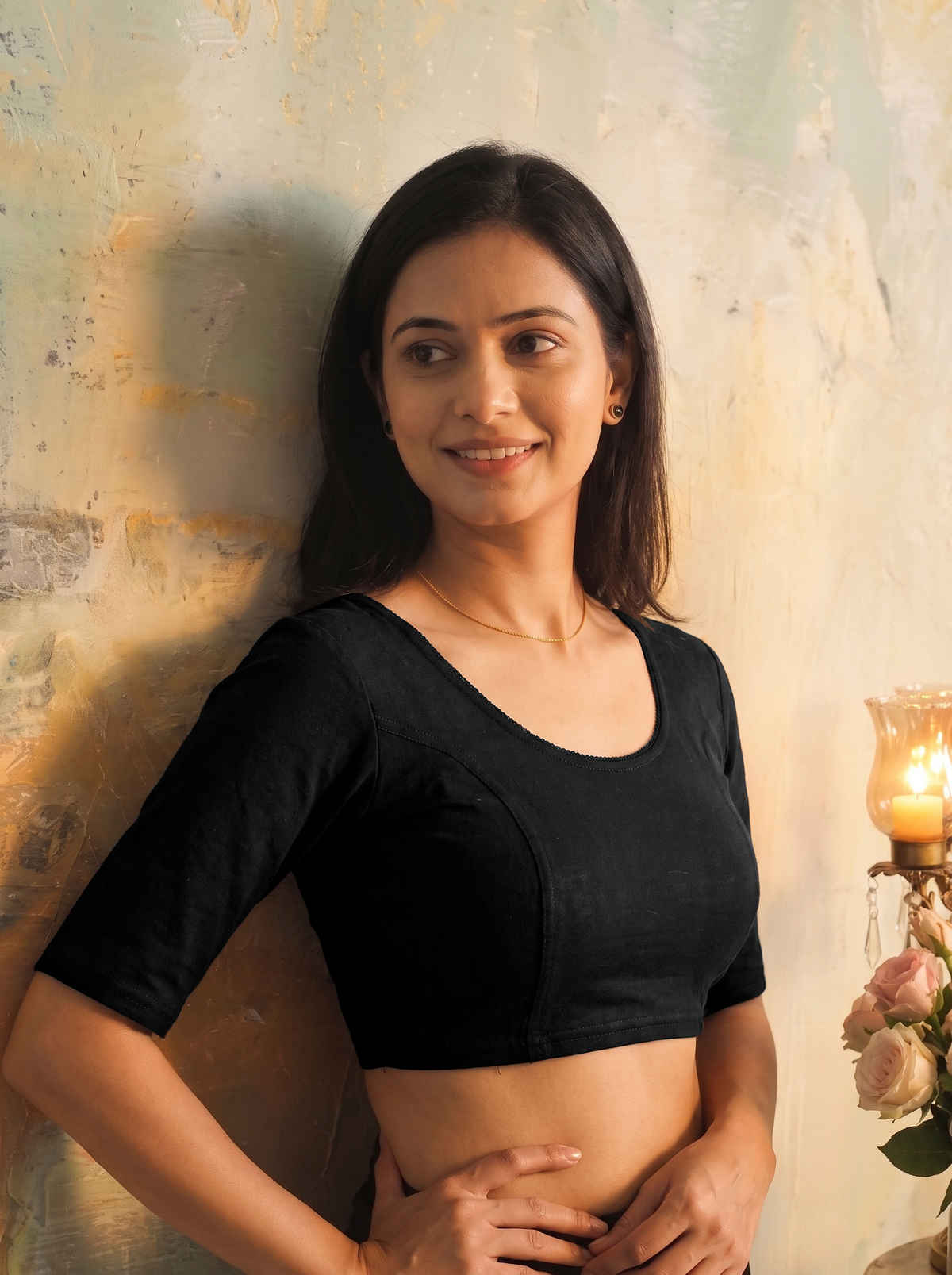 Tikhi Imli Women's Polyester Half Sleeves Stitched Blouse | Black | M
