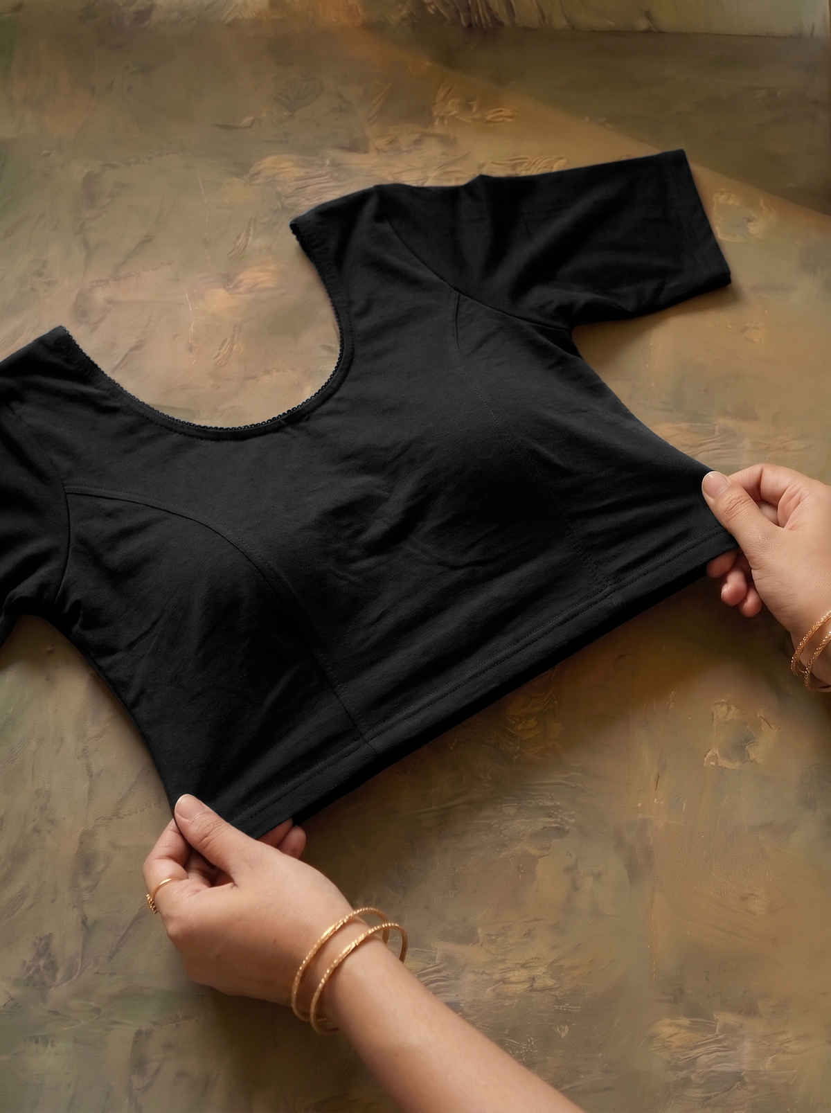 Tikhi Imli Women's Polyester Half Sleeves Stitched Blouse | Black | M