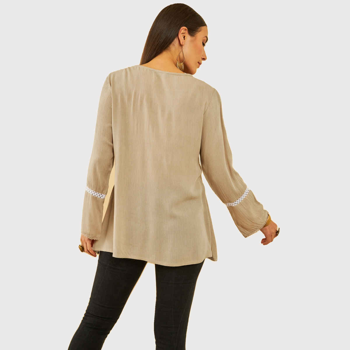 Soch Women's Beige Crepe Embroidered Tunic With Thread Work XL