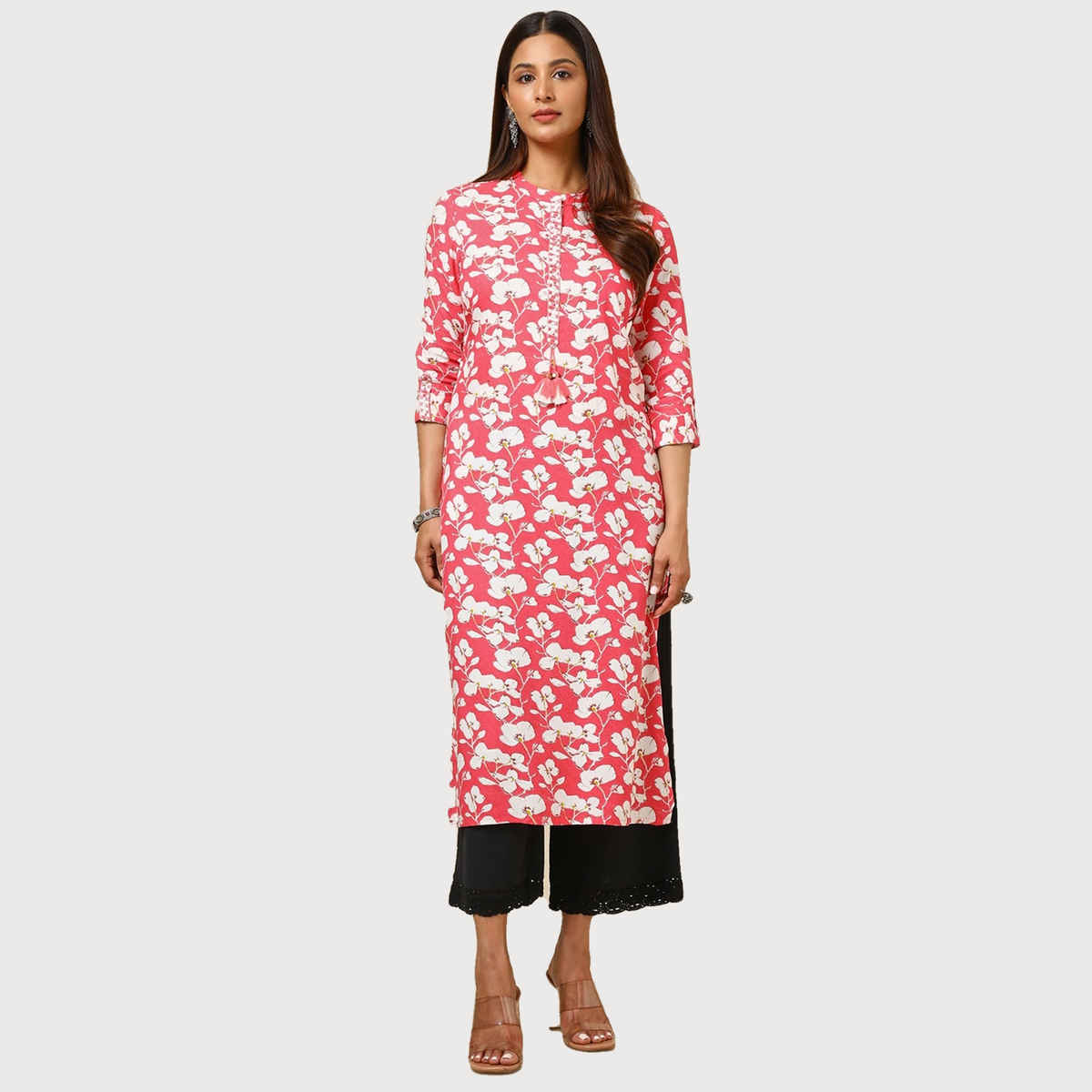 Soch Women's Pink Rayon Floral Print Kurta With Faux Mirror | L