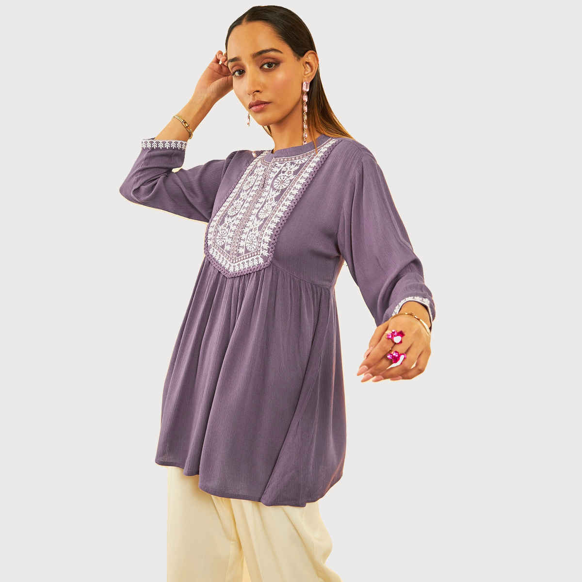 Soch Women's Purple Crepe Embroidered Tunic With Thread Work XS