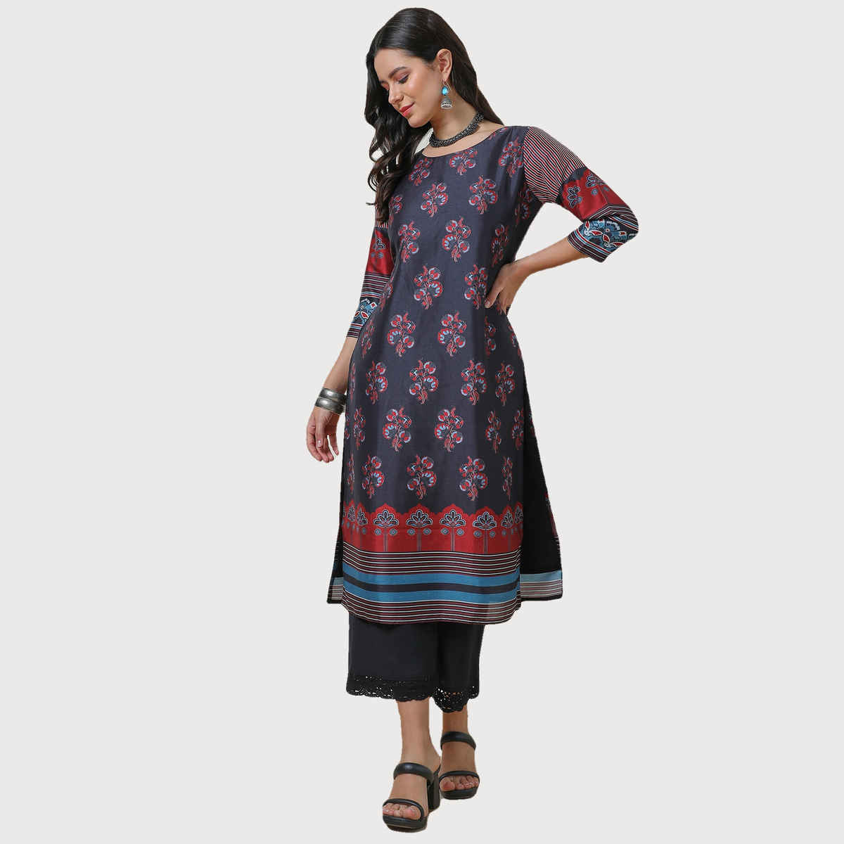 Soch Women's Black Silk Blend Floral Print Kurta | XL