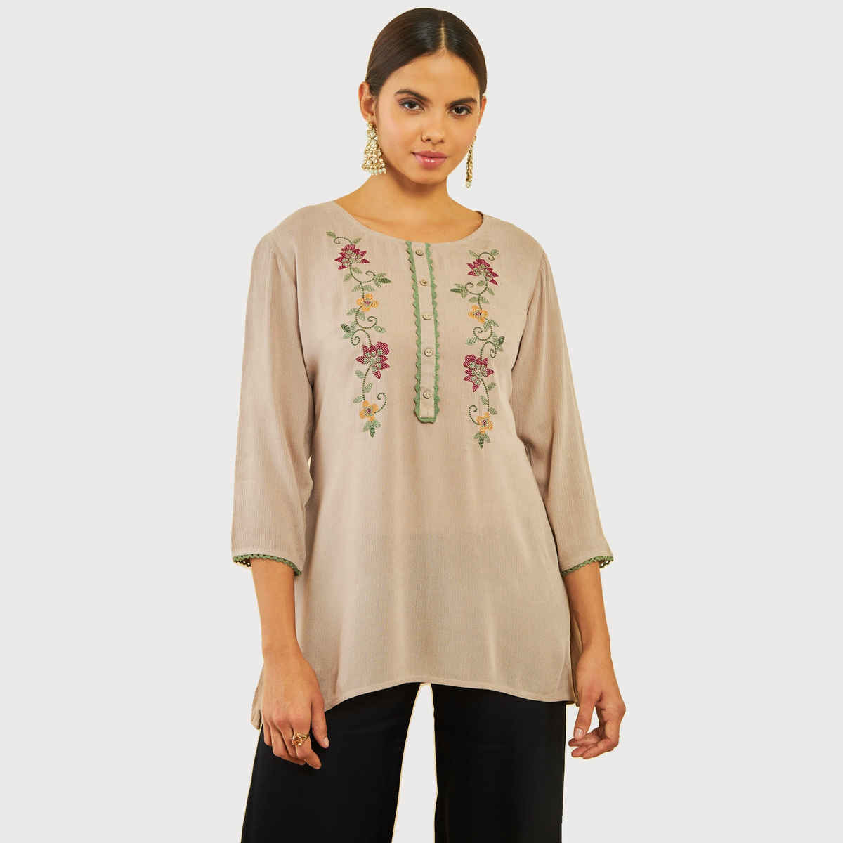 Soch Women's Beige Crepe Embroidered Tunic With Thread Work S