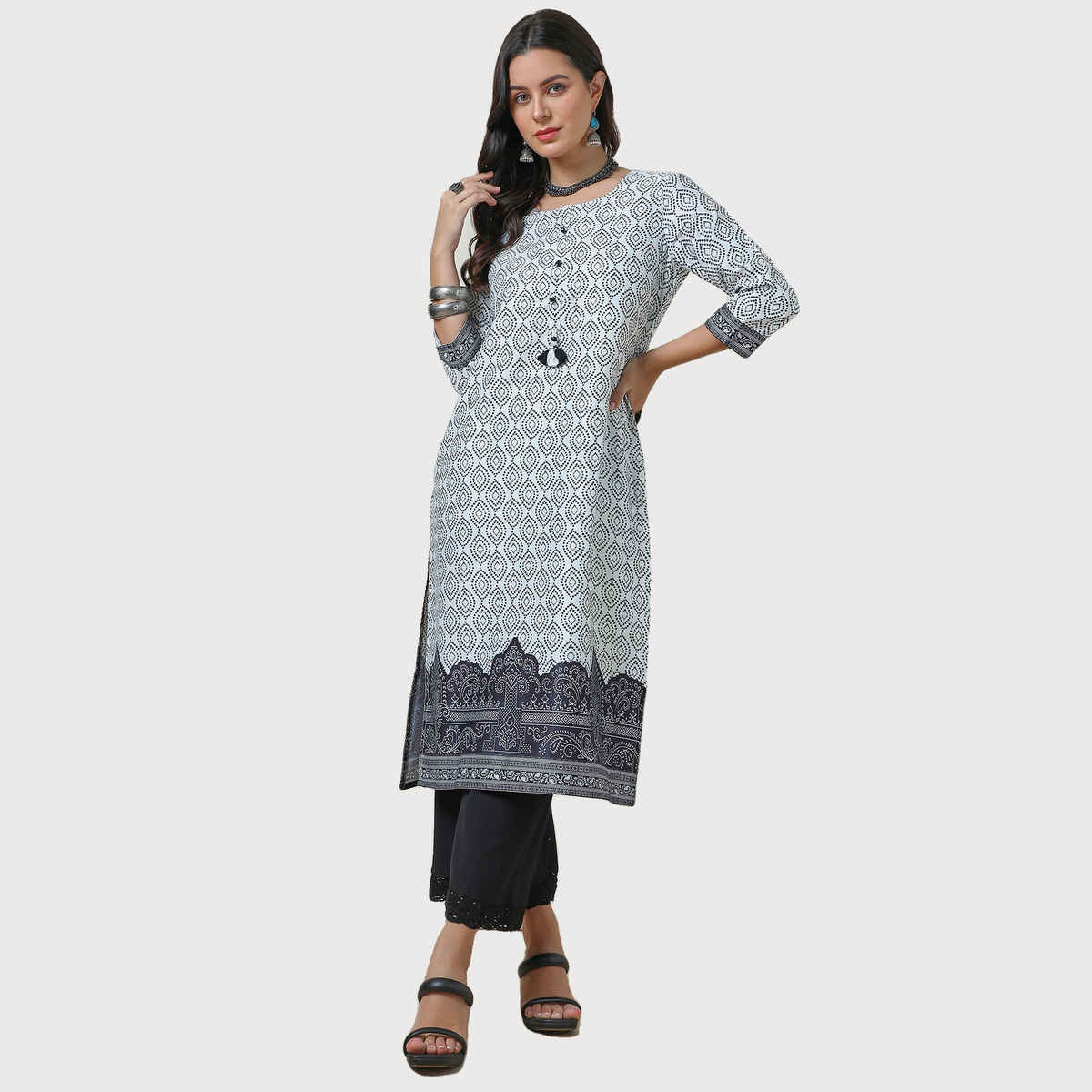 Soch Women's Bandhani Print Kurta With Tassels | Off White | L