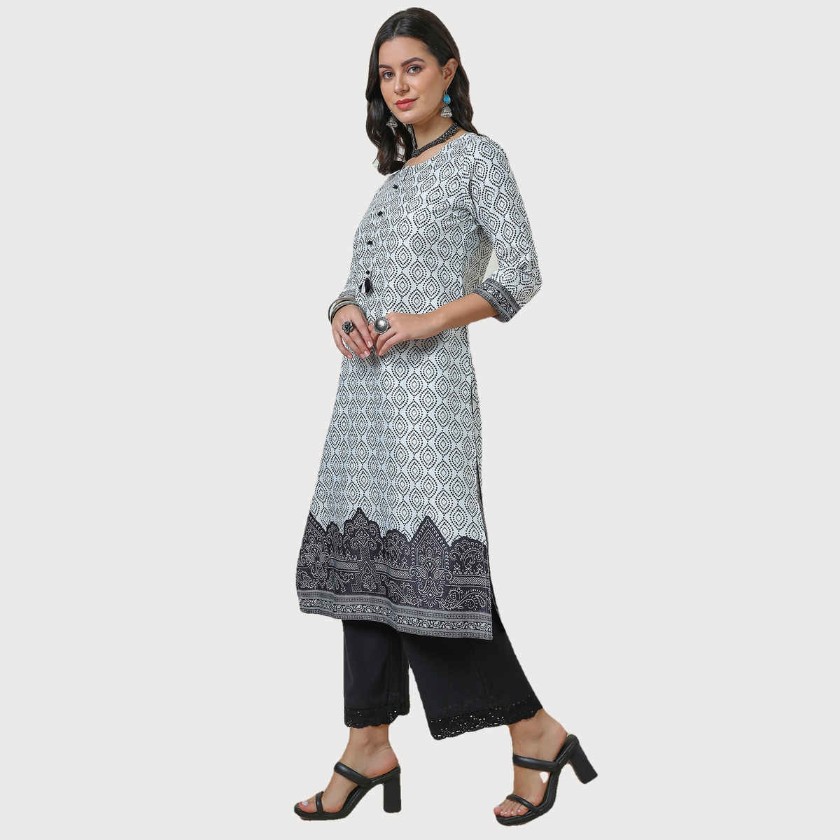 Soch Women's Bandhani Print Kurta With Tassels | Off White | L