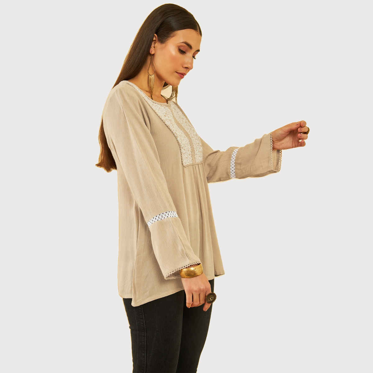 Soch Women's Beige Crepe Embroidered Tunic With Thread Work XL