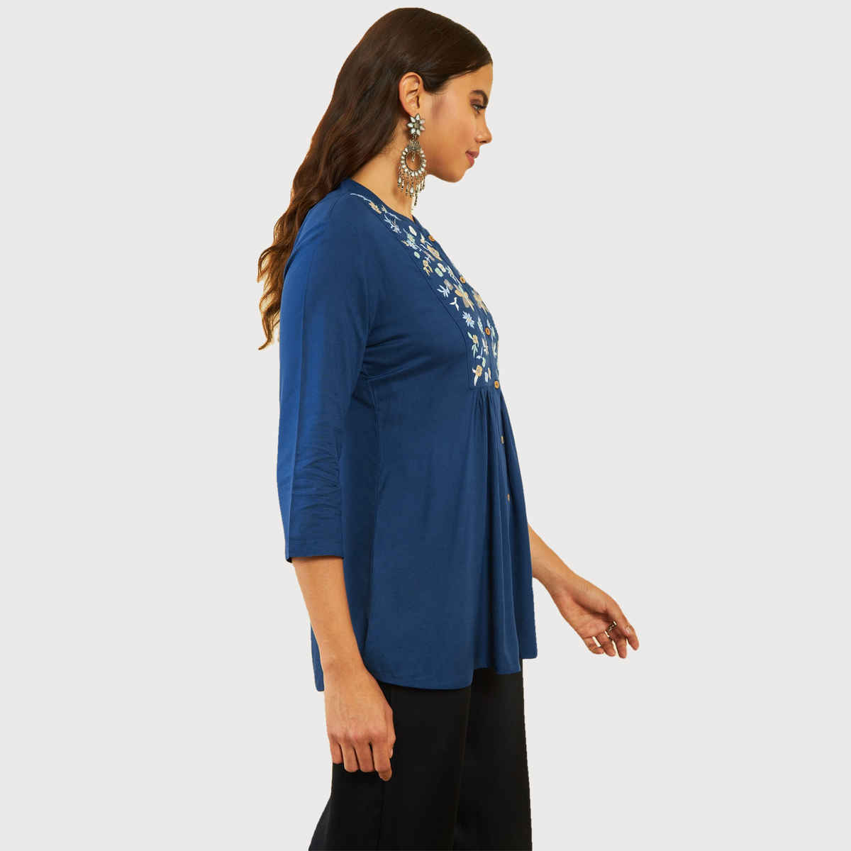 Soch Women's Teal Rayon Embroidered Tunic With Thread Work M