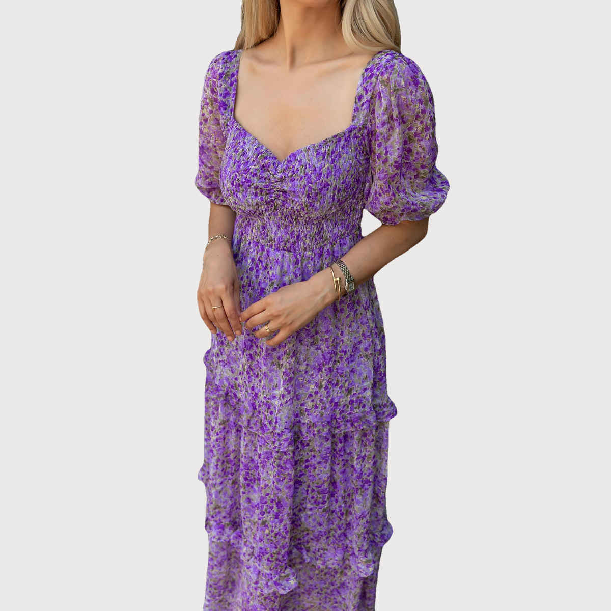 Sheetal Women's Floral Print Georgette Tiered Maxi Dress | DR11266 | Purple - S