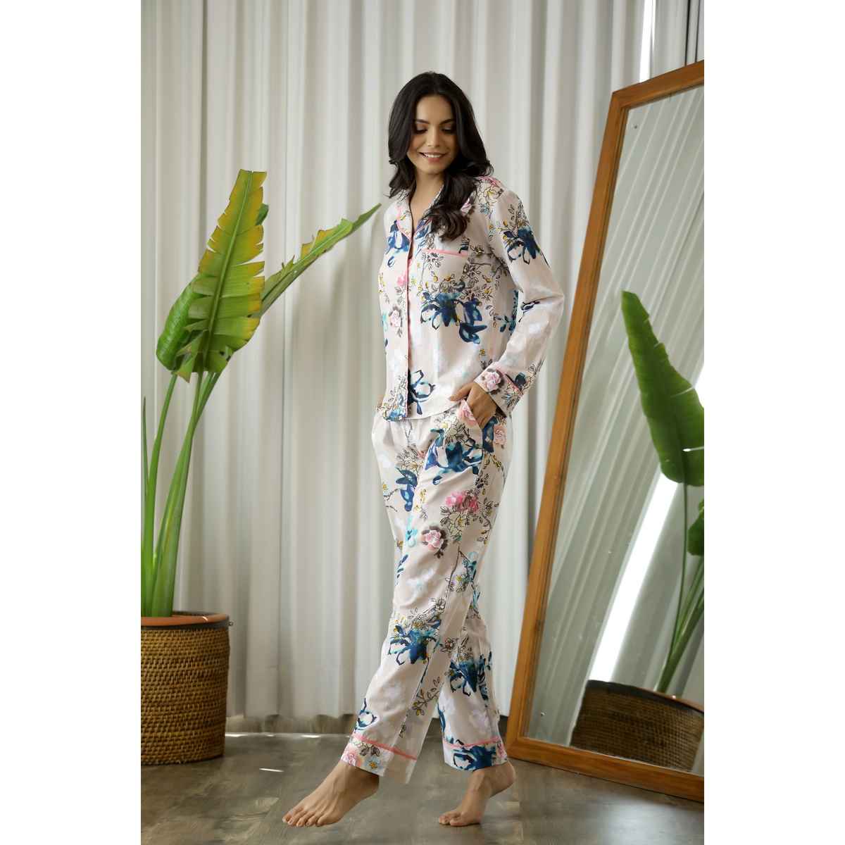 Sanskrutihomes Women Beige & Red Printed Cotton Night Suit SE-NSP-85 | XL