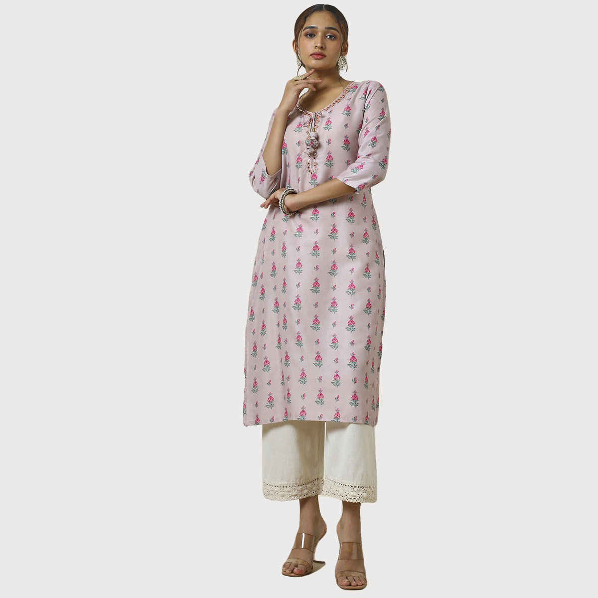 Soch Women's Peach Muslin Blend Floral Print Kurta With Faux Mirror | L