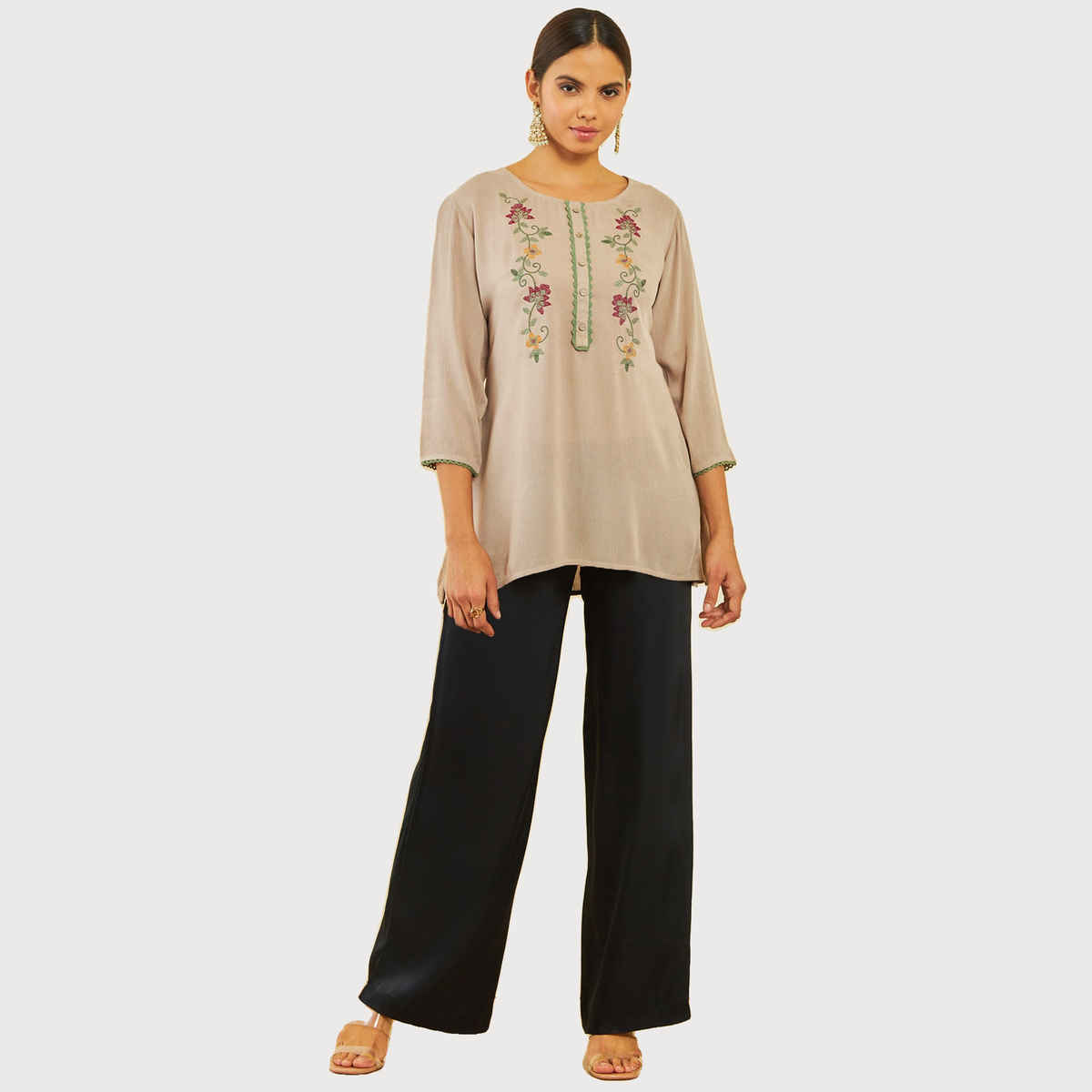 Soch Women's Beige Crepe Embroidered Tunic With Thread Work S