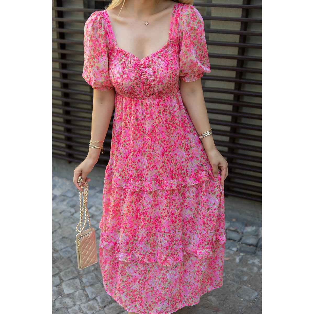 Sheetal Women's Floral Georgette Neck Fit & Flare Maxi Dress | DR11264 | Pink - XL