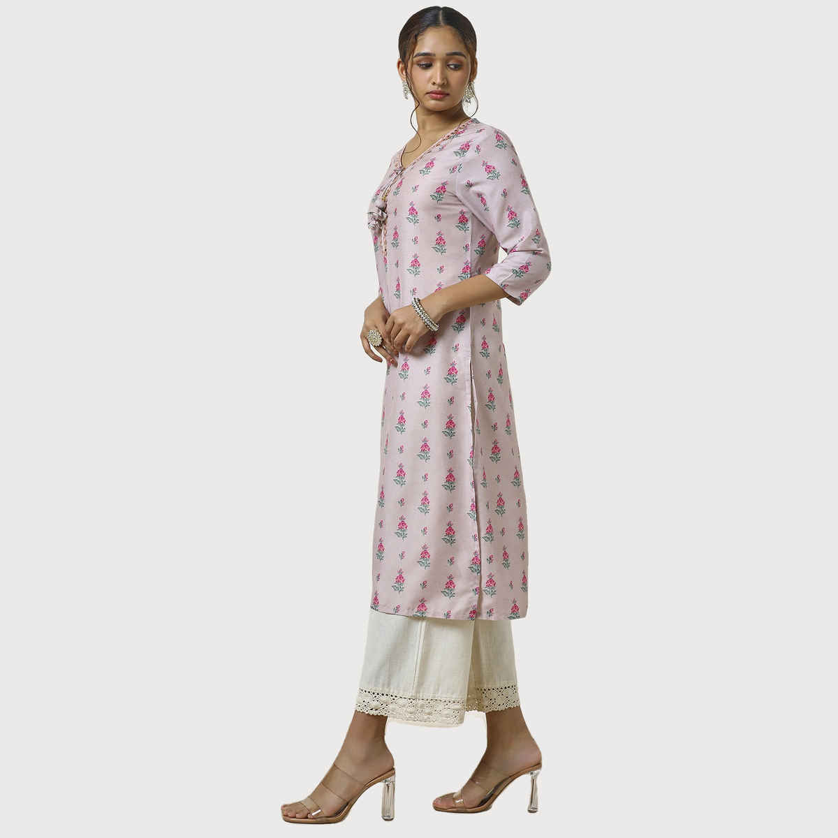 Soch Women's Peach Muslin Blend Floral Print Kurta With Faux Mirror | L