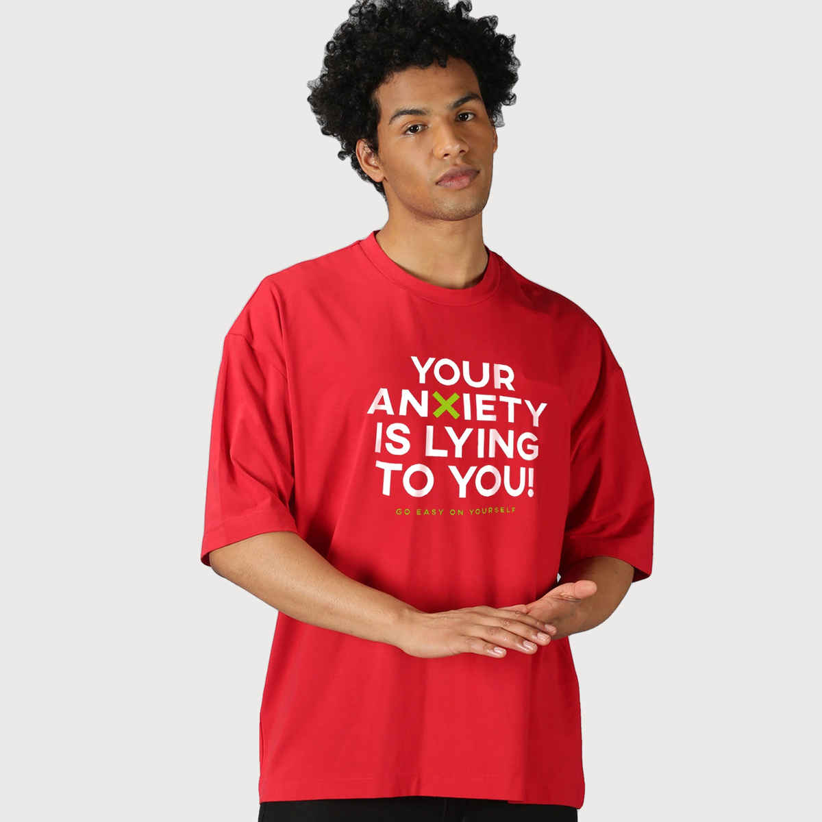 De Tees Men's Oversize T-shirt | M-OST-RED-ANXIETY | Red - L