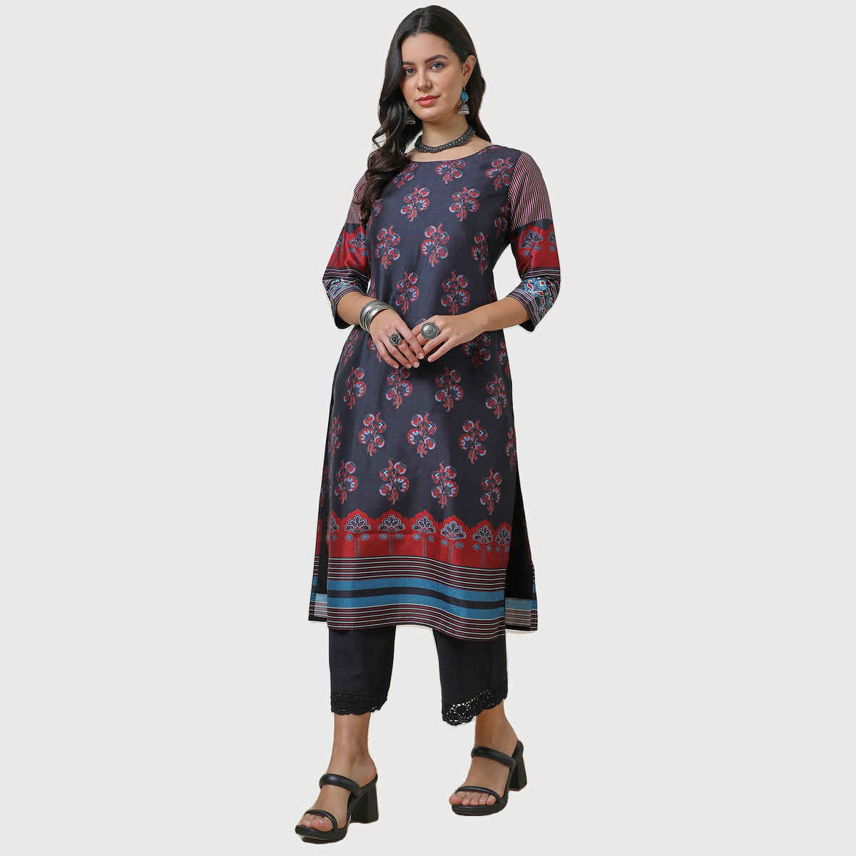 Soch Women's Black Silk Blend Floral Print Kurta | XL